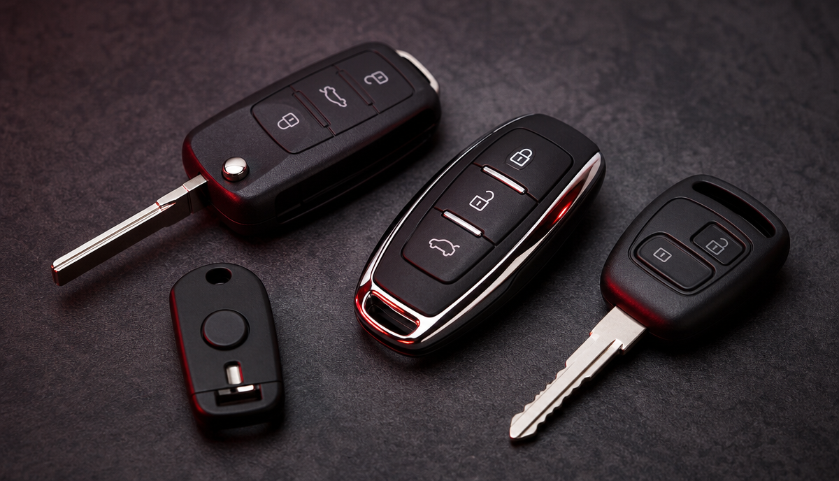 A selection of modern car keys including a flip key and smart fob arranged on a dark background
