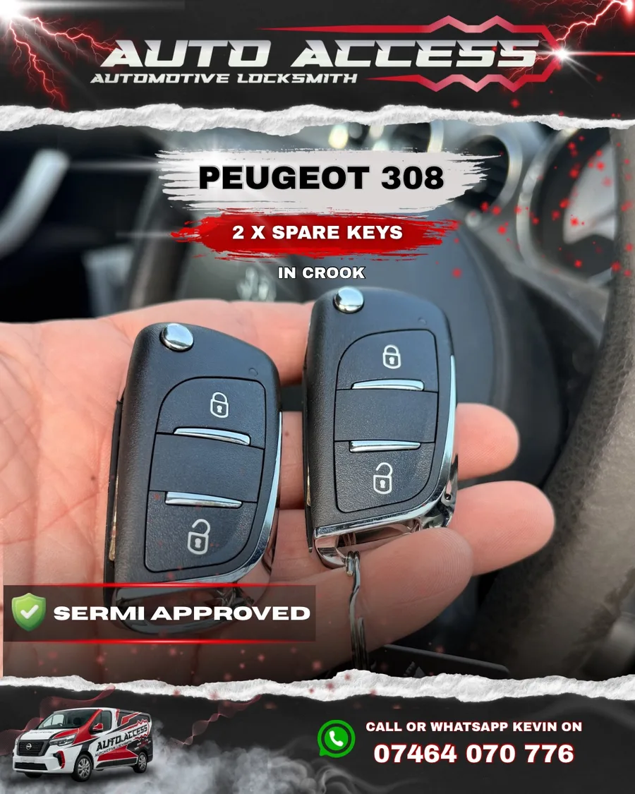 Two Peugeot 308 spare keys cut and programmed by Auto Access auto locksmith in Crook, County Durham